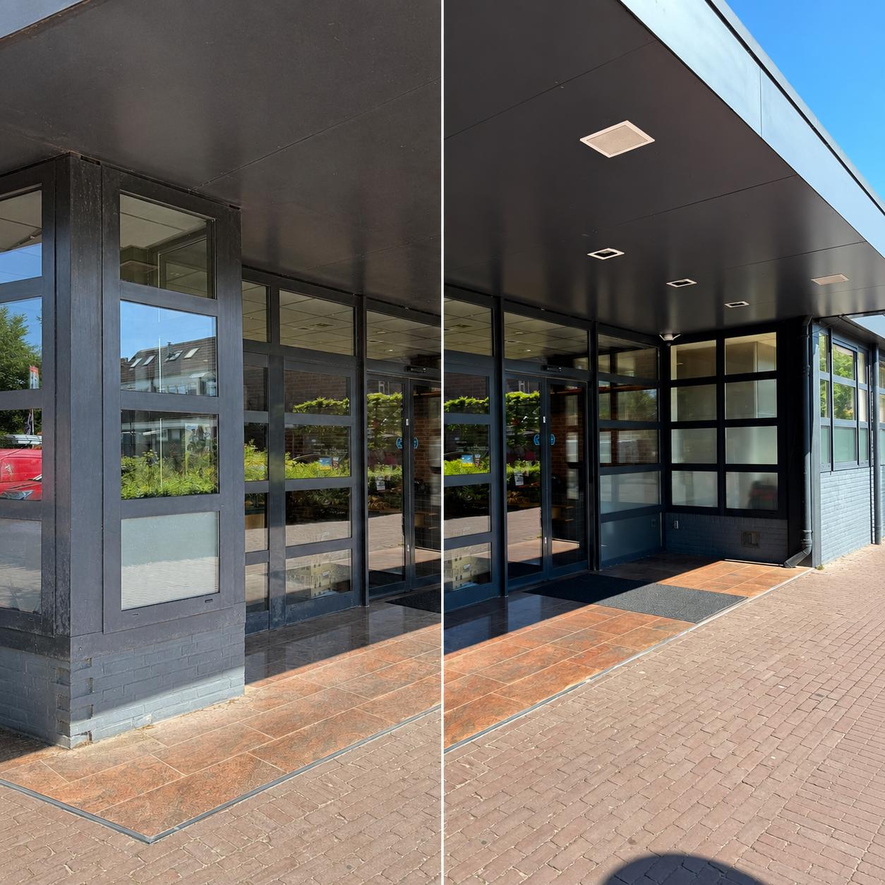 Voor en na reiniging van glas, kozijnen en gevel van een bedrijfspand